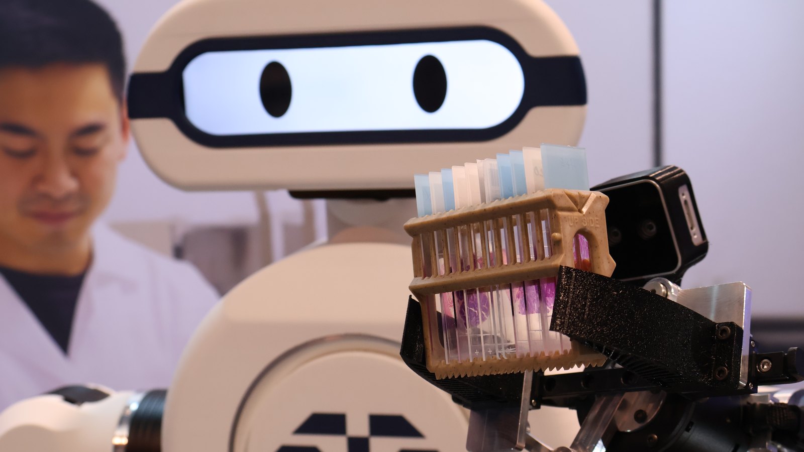 Elsie by Tactus, the autonomous humanoid lab assistant, holds a rack of specimen tubes at the bench while a laboratory scientist works behind her