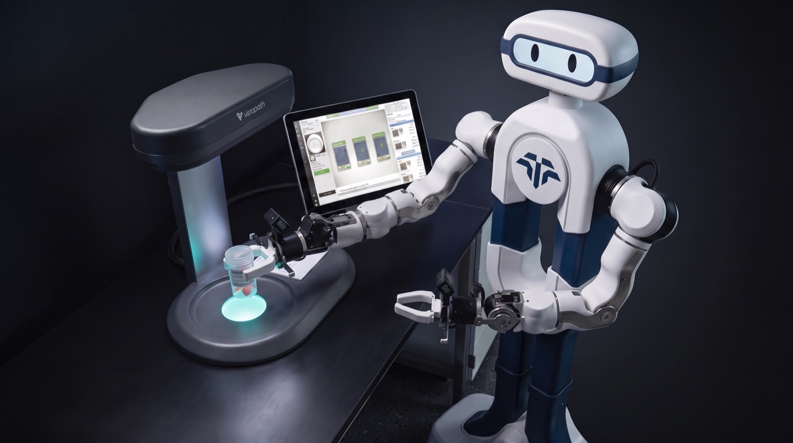 Rendering of Elsie by Tactus, the autonomous humanoid lab assistant, placing a specimen container on the imaging pad of a Vistapath Sentinel grossing platform